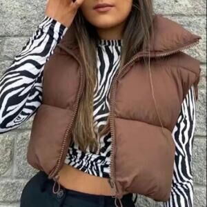 Women's Solid High Neck Puffer Vest - Coffee - 2XL